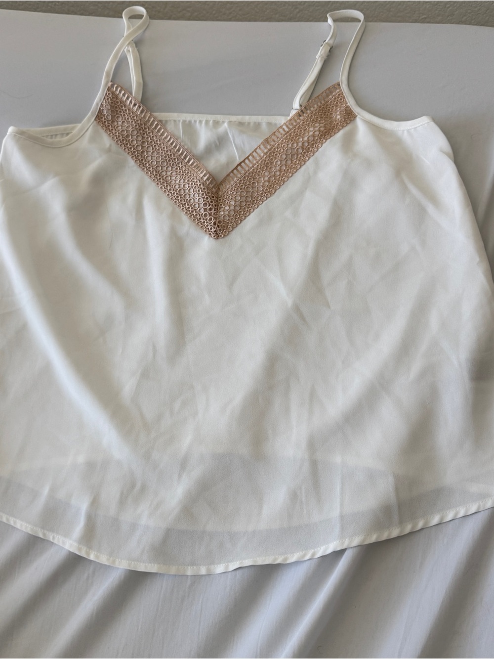 White Spaghetti Strap Tank with Beige/gold Lace Trim Size Large